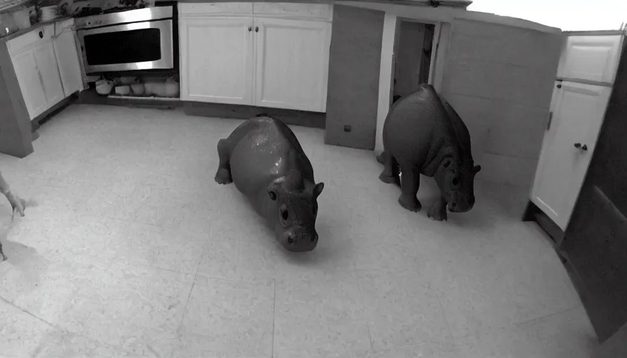 Image similar to a hippopotamus in a kitchen, by mini dv camera, very very low quality, heavy grain, very blurry, accidental flash, webcam footage, found footage, security cam, caught on trail cam