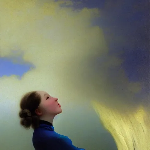 Prompt: a young woman's face, her hair is white and she wears an indigo blue satin cloak, by ivan aivazovsky and syd mead and moebius and gaston bussiere and roger dean and pieter claesz and paul delaroche and alma tadema and aelbert cuyp and boris vallejo, hyperrealistic, volumetric light, octane render