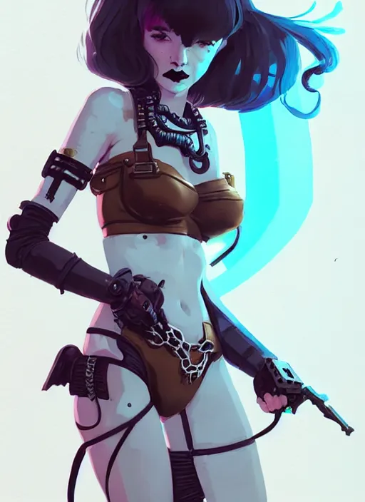 Image similar to portrait of cute goth girl in cyber bikini armor, warhammer, cyberpunk, by atey ghailan, by greg rutkowski, by greg tocchini, by james gilleard, by joe fenton, by kaethe butcher, by gustav klimt, dynamic lighting, gradient light blue, brown, blonde cream and white color in scheme, grunge aesthetic