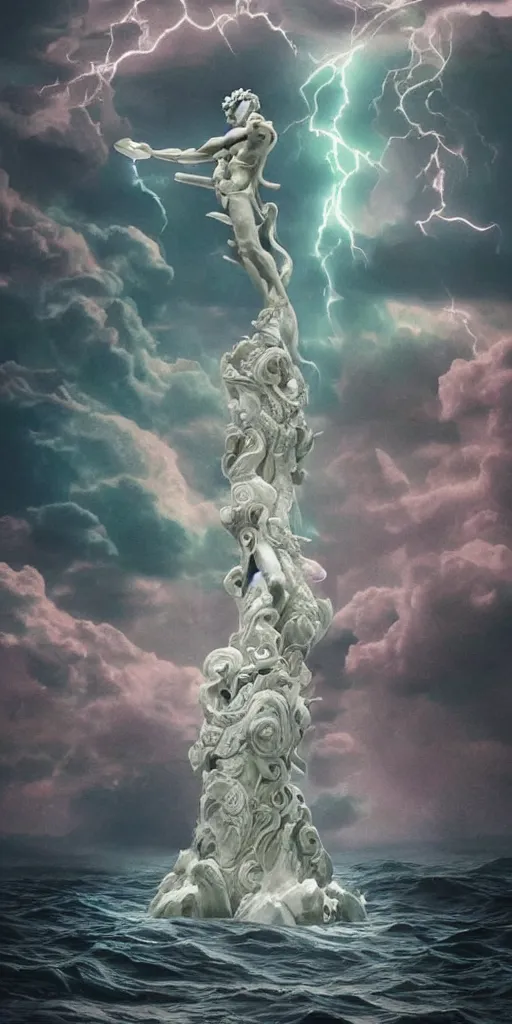 Image similar to gigantic marble statue of the god of the sea wielding a trident on an island. roiling waves at the base. scene lit by lightning. thunderclouds in the background. fantasy setting. magicians praying to the statue. purples and greens. fantasy aesthetic. extremely detailed. 4 k. digital art.