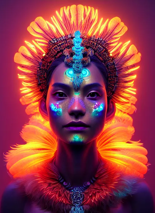 Image similar to a 3 d wlop goddess portrait, 8 k micro details beautiful intricate highly detailed quetzalcoatl skull and feathers. bioluminescent, fire, snow, thunderstorm! artwork by tooth wu and wlop and beeple and greg rutkowski, trending on artstation,