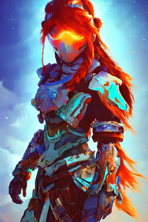 Image similar to combination suit armor aloy horizon forbidden west horizon zero dawn radiating a glowing aura global illumination ray tracing hdr fanart arstation by ian pesty and alena aenami artworks in 4 k tribal robot ninja mask helmet backpack