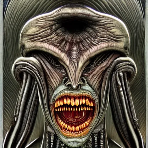 Image similar to alien trump, sharpt teeth, by h. r. giger, nightmare fuel, nightmarish, intricate, highly detailed, optical illusion, stranger things demogorgon