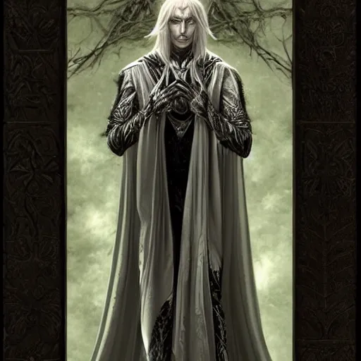 Prompt: silvery skinned male elf, occult robes, fantasy, intricate, high detail, dark colors, by brom