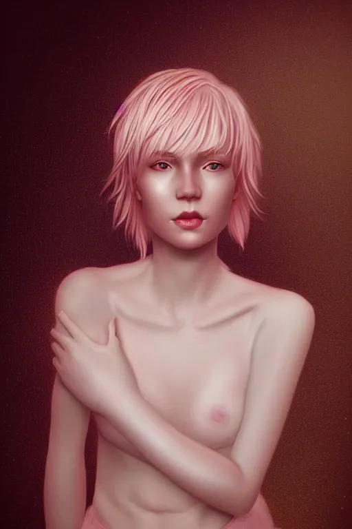 Image similar to Portrait of a beautiful pale skin Nordic female with short pink hair, elegant, photorealistic, highly detailed, artstation, smooth, sharp focus, gold ornaments, neon lighting, sci-fi, art by Klimt.