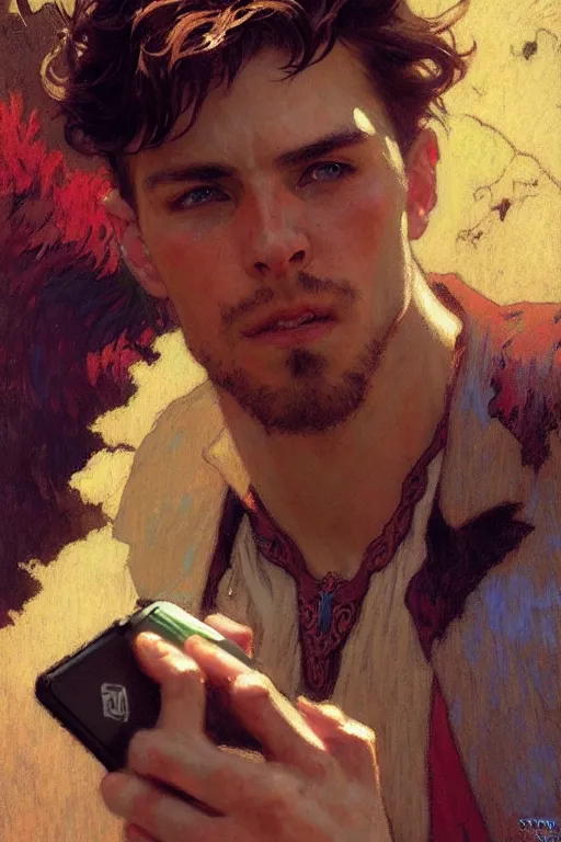 Prompt: attractive man taking a selfie, cool colors, painting by gaston bussiere, craig mullins, greg rutkowski, alphonse mucha