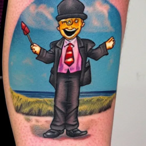 Image similar to tattoo of the hamburglar learning to fly