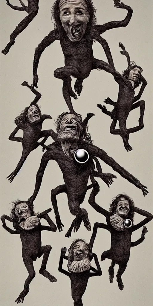 Image similar to a jumping old 3 headed man, 6 eyes with 3 heads and 6 eyes, long hair, jumping, by annie leibovitz