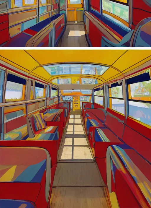 Prompt: interior design of a schoolie, mid - century modern converted school bus interior design by philippe starck and victoria hagan, detailed digital painting masterpiece, gorgeous, 4 k