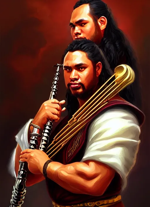 Image similar to a _ fantasy _ style _ portrait _ painting _ of samoan male charismatic bard playing instrument, rpg dnd oil _ painting _ unreal _ 5 _ daz. _ rpg _ portrait _ extremely _ detailed _ artgerm _ greg _ rutkowski _ greg