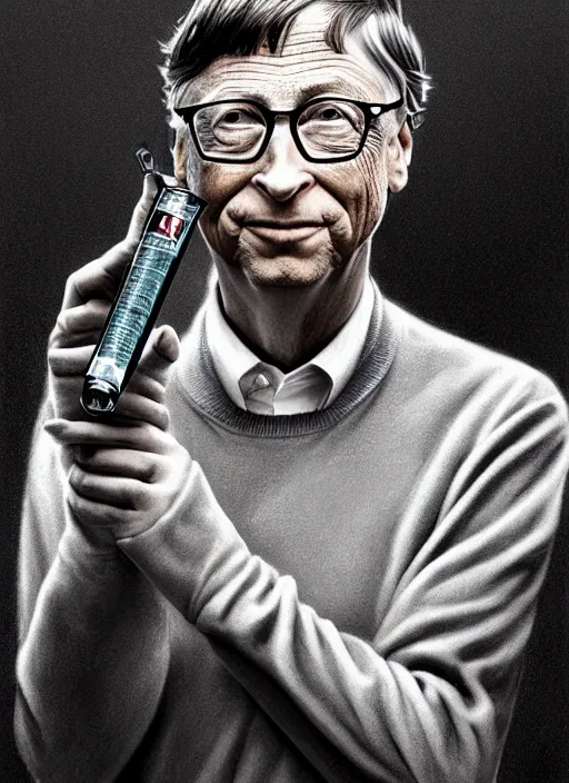 Image similar to bill gates as a lizard reptile!!!, holding a syringe, portrait, intricate, elegant, highly detailed, digital painting, artstation, concept art, wallpaper, smooth, sharp focus, illustration, art by h. r. giger and artgerm and greg rutkowski and alphonse mucha