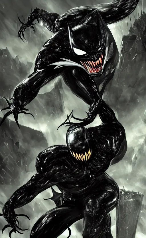 Image similar to venom as batman, dynamic lighting, photorealistic fantasy concept art, trending on art station, stunning visuals, terrifying, creative, cinematic