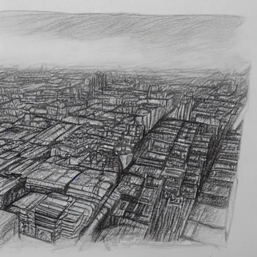 Prompt: pencil sketch of destroyed city bird view