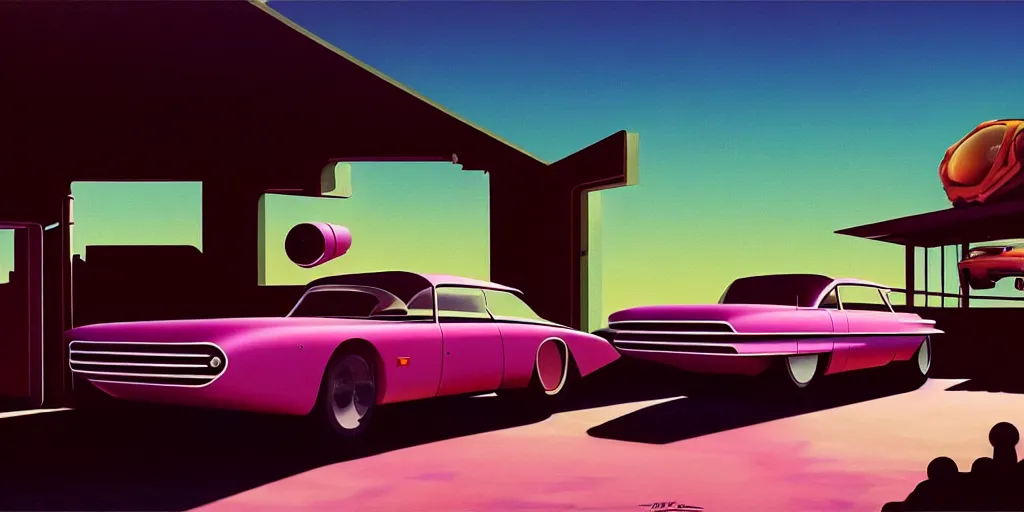 Image similar to a cinematic matte painting of a sleek 1 9 6 0 s vaporwave retro - futurism sci - fi car in a cluttered garage in the american southwest. cactus. by eric lafforgue, glennray tutor and edward hopper, greg rutkowski. trending on artstation.