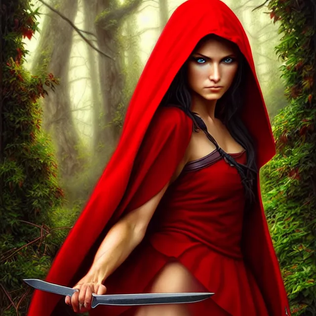 Prompt: beautiful!! red riding hood warrior artgerm anne stokes highly detailed 8 k hdr smooth sharp focus high resolution award - winning photo photorealistic