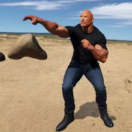 Image similar to photo of Dwayne Johnson throwing a rock to a group of his exited fans