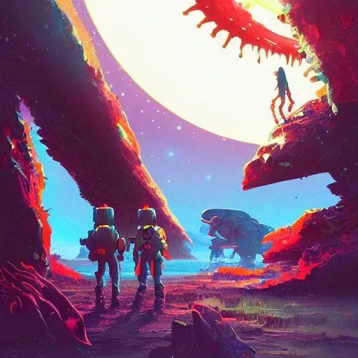 Image similar to nada and polo exploring alien world in no man's sky colorful, fantasy, intricate, highly detailed, digital painting, hq, trending on artstation, illustration, style of stanley artgerm and greg rutkowski and dan mumford