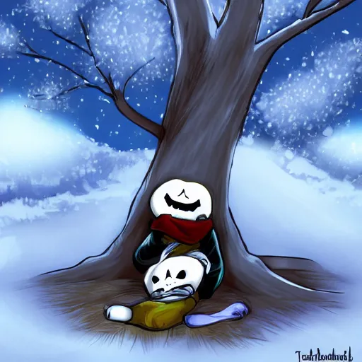 Prompt: Sans from undertale napping under a tree in the snow, deviantart