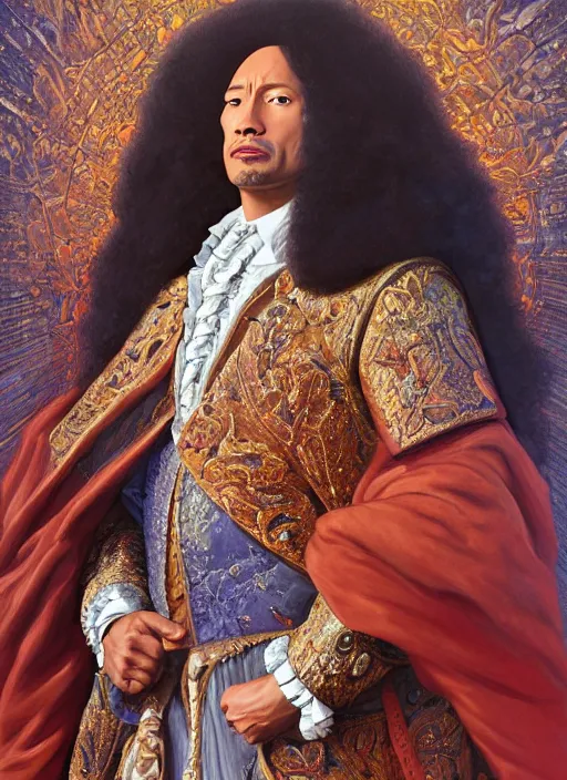 Image similar to beautiful oil painting, portrait of Dwayne the rock Johnson as Louis xiv in coronation robes 1701, Dan Mumford, dan Mumford, Dan Mumford, Alex grey, Alex grey, lsd visuals, dmt fractal patterns, entheogen, psychedelic, hallucinogen, highly detailed, ornate