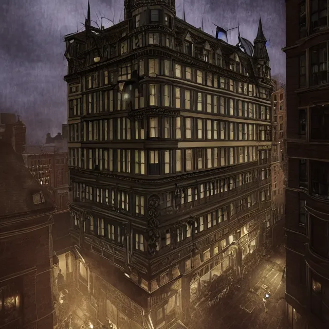 Image similar to action scene painting of a 1 9 2 0 s gothic style hotel in downtown boston, overlooking a dark street, architectural, atmospheric lighting, brooding, painted, intricate, ultra detailed, well composed, best on artstation, cgsociety, epic, horror, stunning, gorgeous, intricate detail, much wow, masterpiece, cinematic aesthetic octane render, 8 k hd resolution,