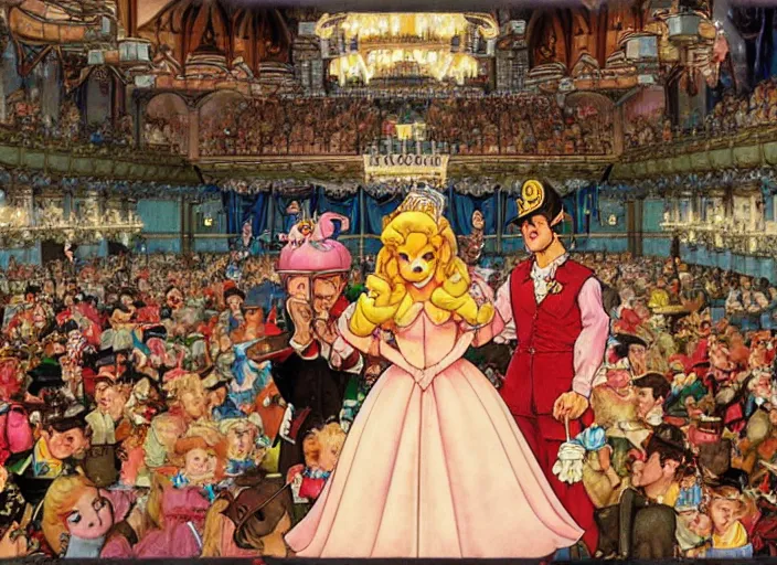 Image similar to princess peach's castle in the style of norman rockwell