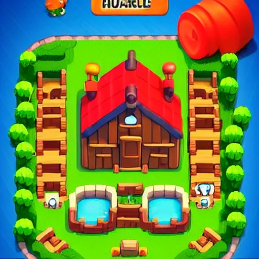 Image similar to a farming mobile game, cute, rounded house and cute character, funny, retro and fantasy style, clash royale style, candy rush style, pinterest