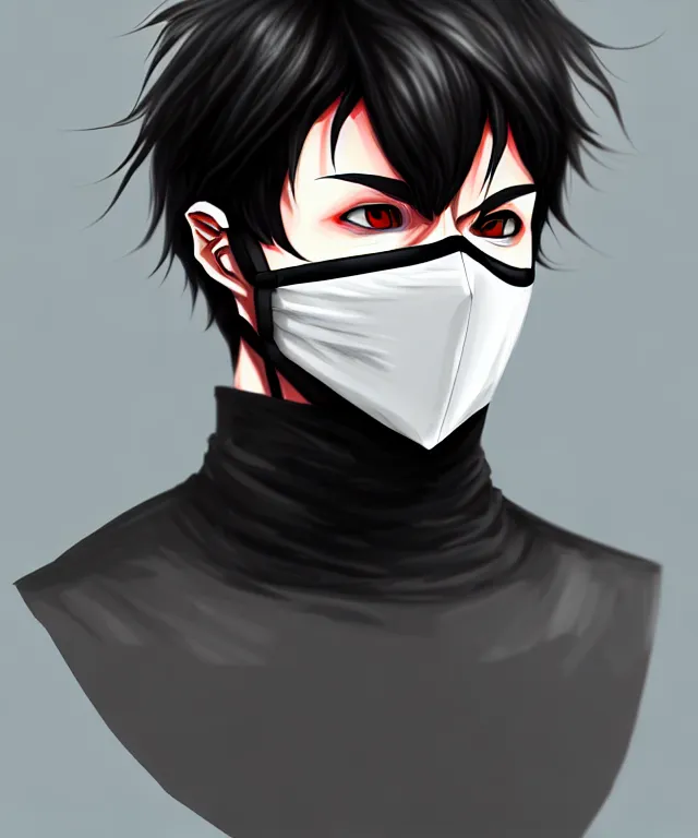 Image similar to white man with black fabric mask, short dark hair, true anatomy!, digital painting, style of akira anime