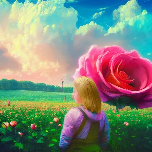 Prompt: large rose head, girl floating in a flower field, surreal photography, sunrise dramatic light, impressionist painting, colorful clouds, digital painting, artstation, simon stalenhag