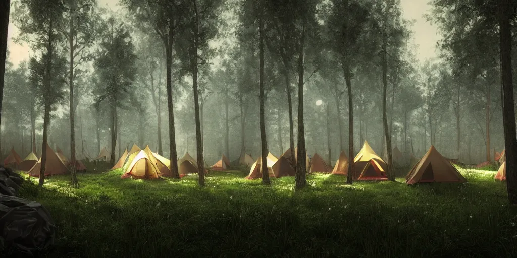 Image similar to a forest with several tents. dusk. lunarpunk. dark. gothic. wiccan. pagan. ecopunk. 8K. detailed. photorealism. trending in artstation. ultra realistic