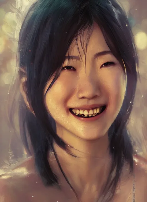Prompt: hyper realistic photography portrait of smiling asian japanese festival partygirl amazon face cinematic, vallejo, full shot, craig mullins greg rutkowski, artstation, cgsociety
