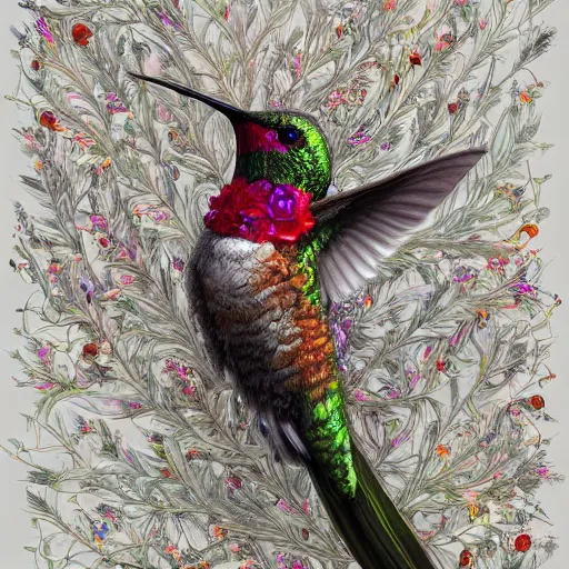 Prompt: hummingbird, feathers covered with floral ornaments, eye - level medium - angle shot, intricate, floral background, by esao andrews, by m. w. kaluta, by yoshita amano, intricate, natural lighting, smooth, 3 d octane render, depth perception, 4 k,, artstation