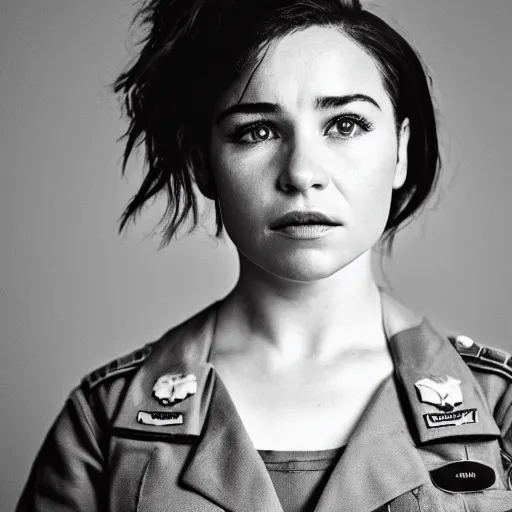 Image similar to a photograph of emilia clark as a female soldier, cinematic lightening, professional, pentax k 1 0 0 0, sharp focus