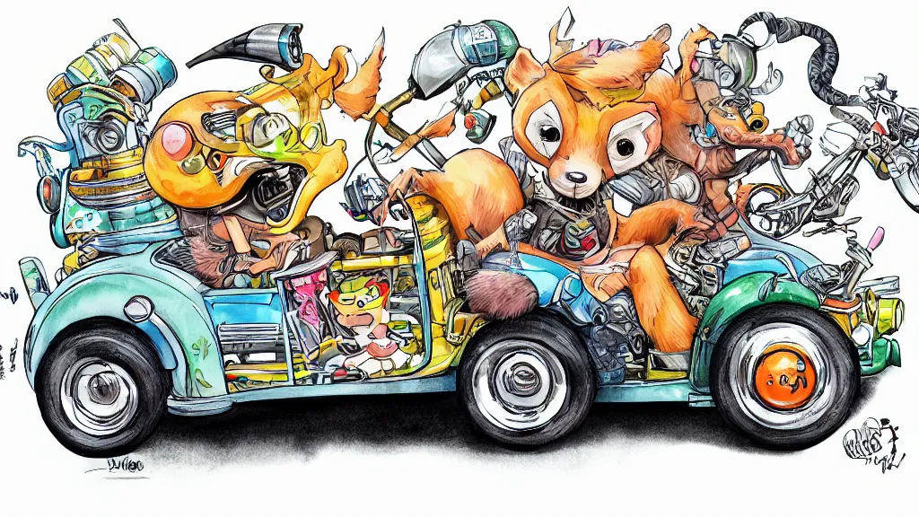 Prompt: cute and funny, racoon riding in a tiny hot rod coupe with oversized engine, ratfink style by ed roth, centered award winning watercolor pen illustration, third person isometric illustration by chihiro iwasaki, edited by range murata