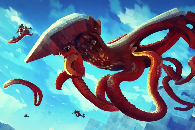 Prompt: fighting giant flying squids, Minecraft, digital art, artstation, highly detailed, 4k