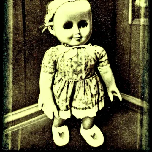 Prompt: creepy vintage doll in darkly lit hallway photo kodak brownie photo