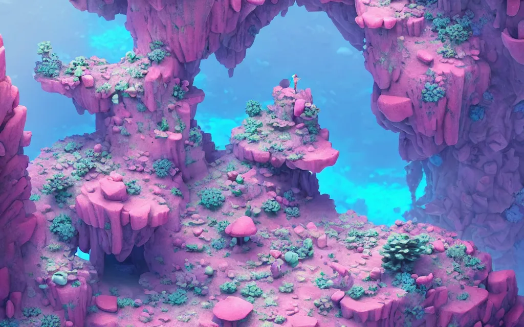 Image similar to stone castle in a coral reef by charlie bowater and anna dittmann and artgerm and clemens ascher, intricate, elegant, pink and blue and green mist, highly detailed, dramatic lighting, sharp focus, octane render, trending on artstation, artstationhd, artstationhq, unreal engine, 4 k, 8 k