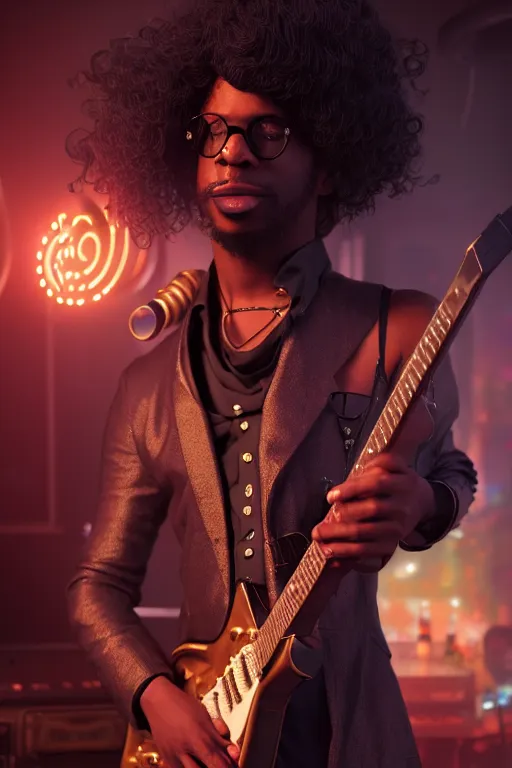 Image similar to a steampunk black man with long curly hair, playing electric guitar at a night club, focus on the musicians, cinematic lighting, exaggerated detailed, unreal engine, octane render, trending on artstation, art by greg rutkowski, 4 k