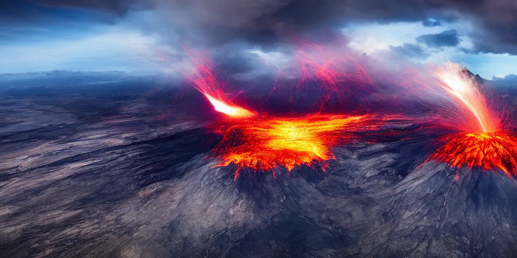 Prompt: an exploding volcano with pyrocumulonimbus , cinematic lighting, wide angle landscape photography, hyperrealistic, 8k