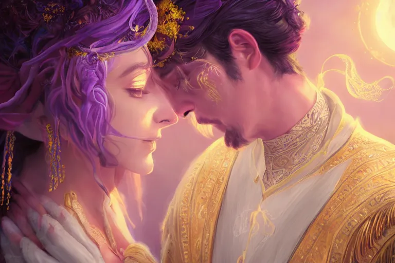 Image similar to a dreamlike cinematic portrait of wedding photograph close up moment of a divine a russia sun god and moon goddess lovers magician at a wedding banquet. portraiture. digital painting. artstation. concept art. fantasy wedding photo. digital painting, 8 k realistic, hyper detailed, violet evergarden art masterpiece by art by krenz cushart