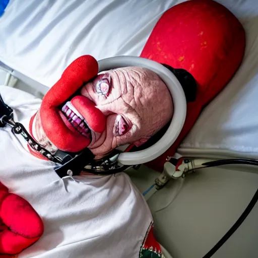 Image similar to crazy elderly clown supine in hospital bed, strapped into bed with restraints, photograph, 8 k
