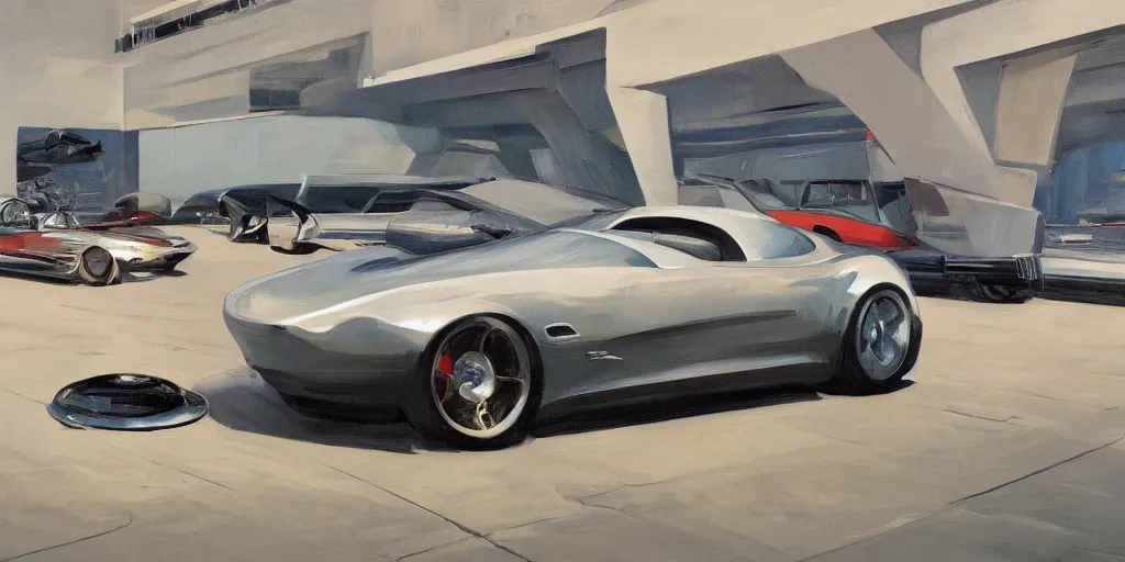 Prompt: art style by Ben Aronson and Edward Hopper and Syd Mead, wide shot view of some random alien planet, on ground level. Full view of a silver car designed by Henrik Fisker, Bruce Kaiserm and Jon Sibal.