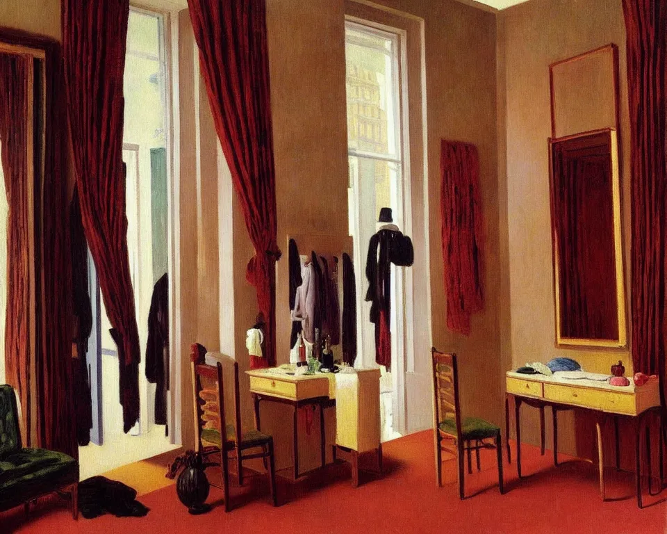 Image similar to achingly beautiful painting of a sophisticated, well - decorated dressing room by rene magritte, monet, and turner.