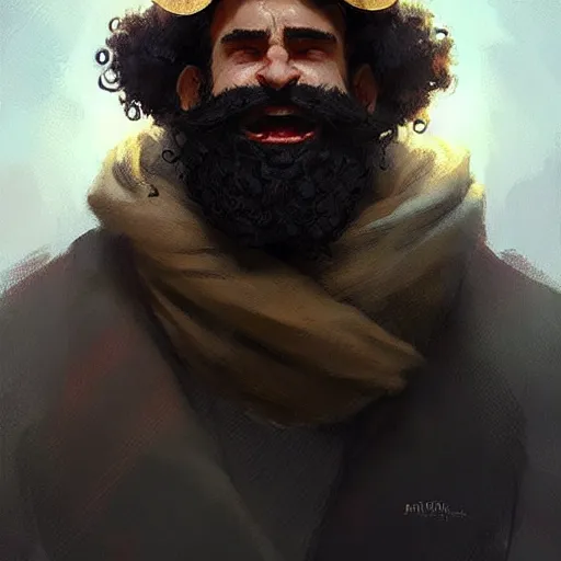 Image similar to a happy merchant jew wearing kippah!!!, black curly beard, black curly hair, hooked nose, by greg rutkowski, artstation, by artgerm, by wlop