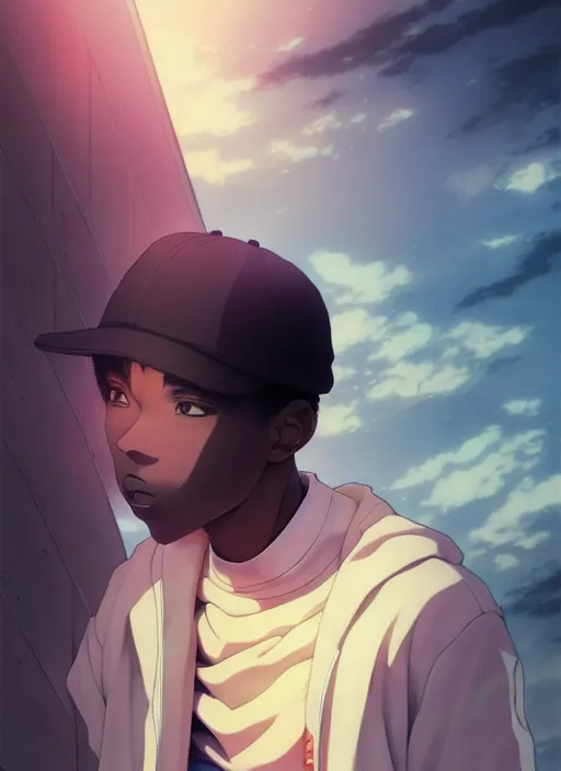 Prompt: shy hip hop young black man looking down only, anime style, scenery wallpaper aesthetic, pastel colors, symmetrical face, cinematic, dramatic, super detailed and intricate, hyper realistic, 4 k render, by artgerm, by kyoung hwan kim, by ralph mcquarrie, by yoshiyuki tomino