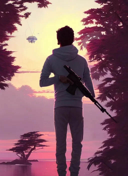 Image similar to highly detailed portrait justin trudeau in ( ( pink hoody ) ) holding ar - 1 5! ( setting costa rica ) in gta v stephen bliss unreal engine fantasy art by greg rutkowski loish rhads ferdinand knab makoto shinkai lois van baarle ilya kuvshinov rossdraws tom bagshaw global illumination radiant light detailed intricate environment