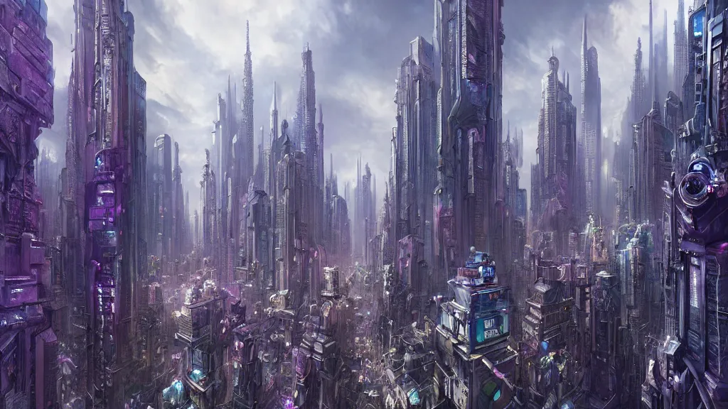 Prompt: A beautiful hyper realistic detailed matte painting of a cyberpunk metropolis buildings made of crystal formations, geode, quartz, amethyst, diamond. By Stephan Martiniere and John Howe and Andreas Rocha and Antonio Manzanedo, dynamic lighting, dramatic lighting, cinematic, PBR, path based rendering. Hasselblad camera, landscape photography, 4k, 25mm lens, 35mm film, iso 25, f16.