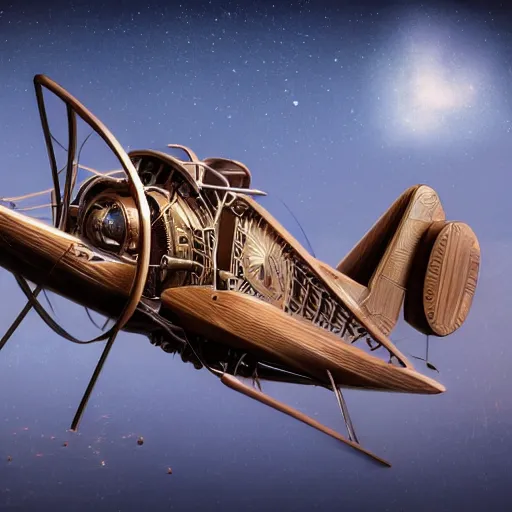 Prompt: wooden bi plane, steampunk, extreme closeup, center frame, symmetric, rim light, bioluminescence, electric, soft, concept art, intricate details, highly detailed, colorful, photorealistic, disney pixar, octane render, iridescent, anime, 8 k