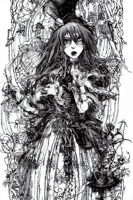 Image similar to Gothic Alice in wonderland tarot card , pen and ink, intricate line drawings, by Yoshitaka Amano, Ruan Jia, Kentaro Miura, Artgerm, watercolor