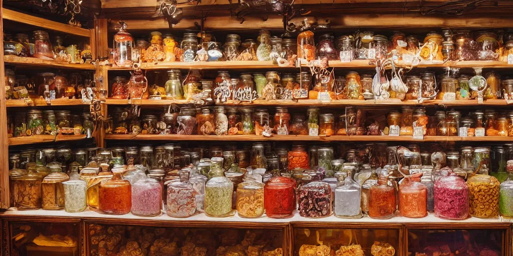 Prompt: Inside an old fashioned sweet shop, large jars on shelves with beautiful labels, fantasy vendor interior, wide angle, cinematic, highly detailed, photorealistic, rich bright colors, atmospheric, trending on artstation