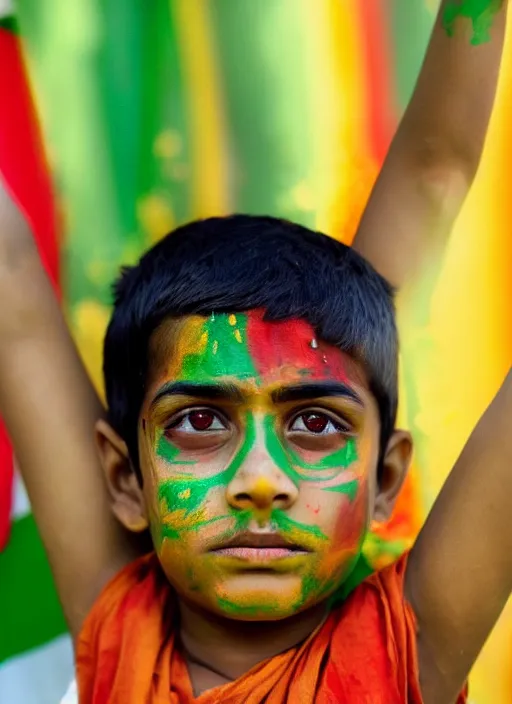 Prompt: a young indian boy with saffron white and green stripes painted on his face, indian flag, chakra in the center